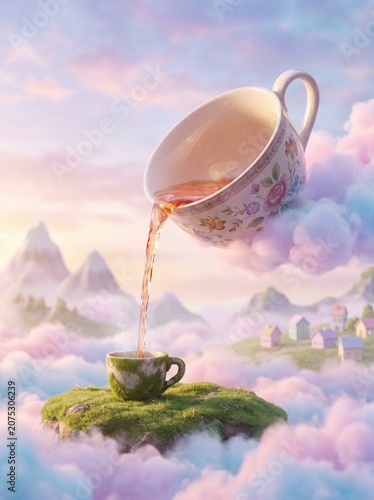 Surreal Fantasy Scene of Giant Vintage Teacup Pouring Tea into Mossy Cup on Floating Island Above Pink Clouds