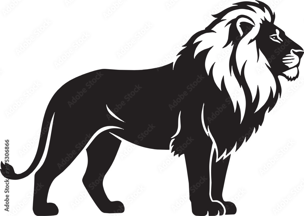 Obraz premium Black and white silhouette of a standing lion with a large mane isolated on transparent background, Vector