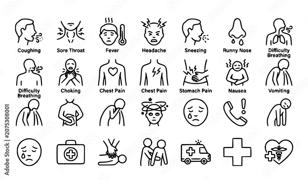 Fototapeta premium Health Symptoms and First Aid Line Icon Set Cough Sore Throat Choking Emergency Care Vector Collection