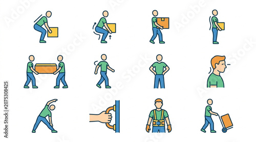 Quadro su tela Collection of icons illustrating safe lifting and carrying techniques