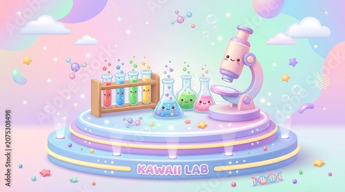 Cute pastel kawaii science laboratory illustration with cartoon microscope and test tubes