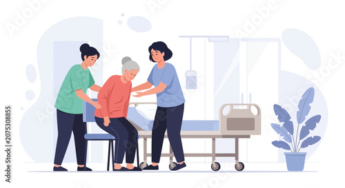 Caregivers Assist Elderly Woman in Hospital Setting