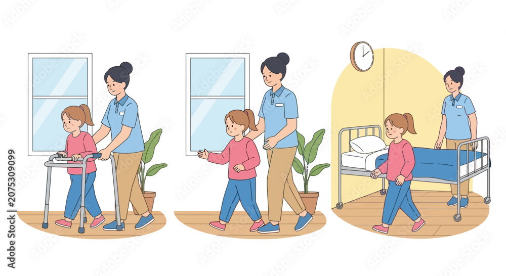 Fototapeta premium Healthcare Assistant Helping Child Walk, Recovering Patient Rehabilitation