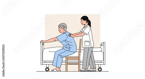 Elderly patient being assisted by a caregiver in a medical setting.