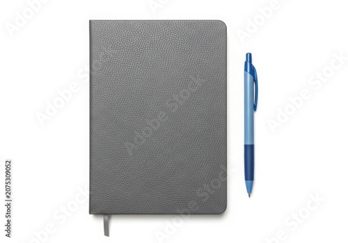A gray notebook and a blue pen on white background