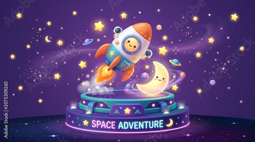 Cute Cartoon Rocket Ship Launching into Space with Smiling Moon and Stars, Space Adventure Illustration
