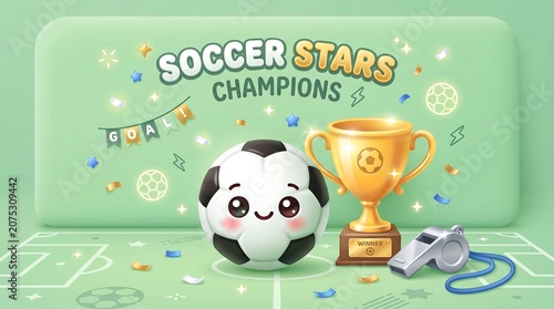 Whimsical soccer ball character celebrates victory with golden trophy and confetti on a vibrant green field, embodying the joy of sports and championship success