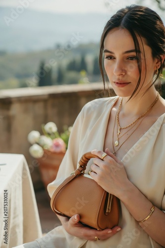 Elegant young woman with dark hair holding leather handbag in sunny Mediterranean courtyard