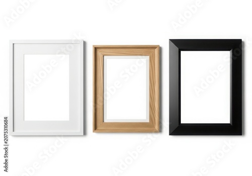 Three empty picture frames in different colors on white background