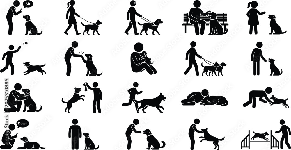 Obraz premium Dog Owner Stick Figure Icon Set with People Training Walking and Playing with Pets Vector Graphic