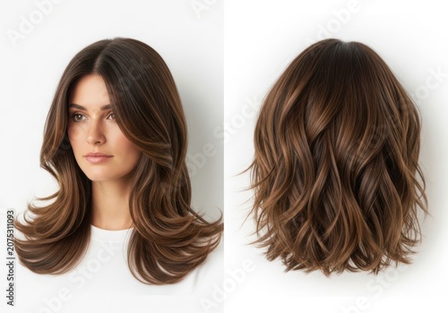 A Long Black Hair Wig With Brown Highlights On A Mannequin Head From Front And Back