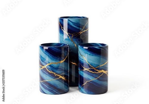 Three Blue and Black Marble Vases on White Background