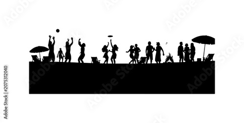 Silhouette of group of people, family and friends enjoying summer sunset in grassy field, vector illustration of children, couple and team playing in nature meadow