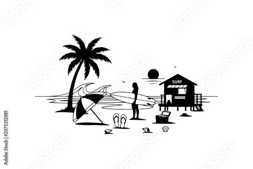 Tropical beach illustration with palm trees, ocean waves, golden sand, sun and sky, summer island vacation paradise, travel holiday nature landscape vector style