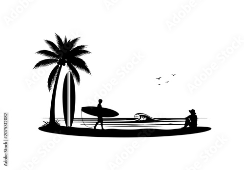 Tropical island beach vector illustration with palm trees, silhouette of woman in hammock and man on shore, summer vacation sea ocean landscape, sun, sky, waves, sand, travel holiday
