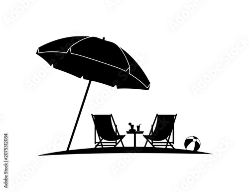 Silhouette of umbrella, beach chair and parasol on tropical seaside with sun, sand and ocean, summer vacation illustration of relaxing resort leisure furniture scene