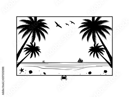 Summer tropical beach illustration with palm trees, island silhouette, ocean waves and sunset sky, travel vacation paradise landscape vector design