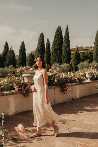 Elegant young woman in flowing white dress walking in sunny Italian garden with rose bushes