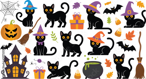 Cuadro en lienzo Vector collection of Halloween illustrations featuring black cats, pumpkins, cau