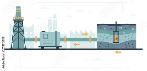 Flat vector illustration of underground oil pipeline transport system with drilling rig, refinery, industrial plant and energy infrastructure for petroleum production and distribution.