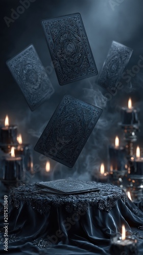 Many candles and cards flying around in the air fortune teller vertical background