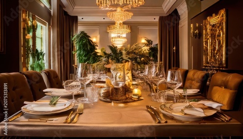 Elegant Dining Room Table Setting with Crystal Glassware and Golden Accents.