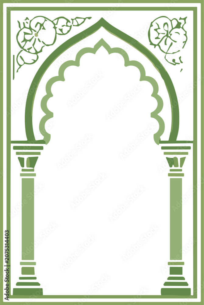 Naklejka premium Elegant Islamic archway with decorative floral motifs and columns in green tones