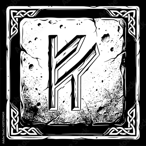 Konstfotografi Ancient Rune Symbol on Stone Tablet with Celtic Border