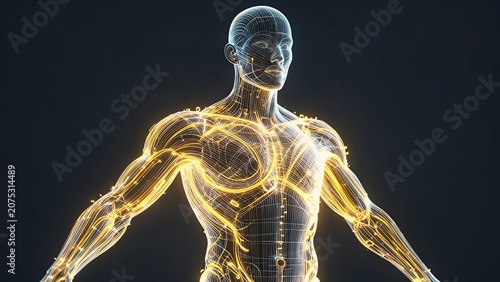 3D Holographic Rendering of human Nervous System and Glowing Energy Meridians