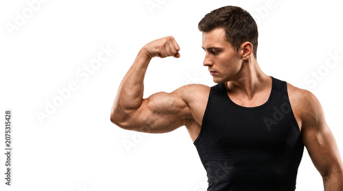 Studio profile view of a muscular young man in a black tank top flexing his large bicep muscle.