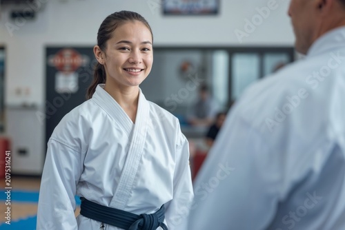 Portrait of young Asian in white karate uniform smiles in dojo with instructor