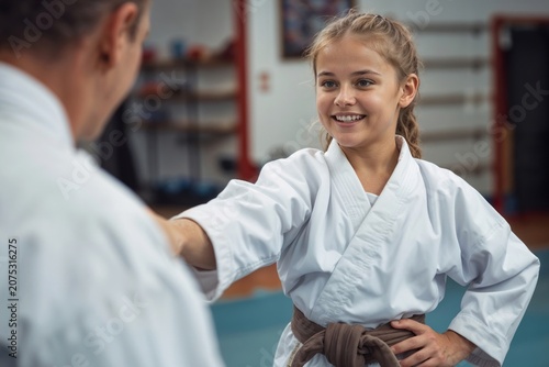 Portrait of young in white karate uniform smiles in dojo with instructor