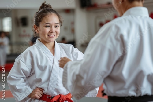 Young girl smiles warmly in martial arts dojo. Red belt shows her training level and dedication. Partner practices technique with focused attention