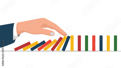 Hand preventing multicolored dominoes from falling, showing diversity, strategic planning, and effective risk mitigation in a complex project management task.