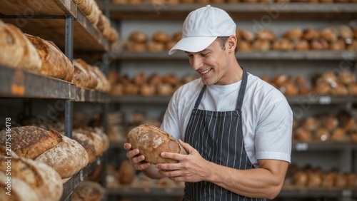 European happy wearing white cap and apron inspects fresh loaf of bread. Shelves packed with baked goods create background in bakery