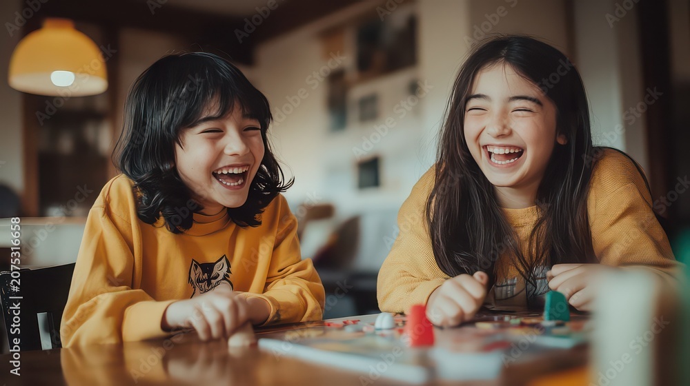 Fototapeta premium Young friends laugh while playing a colorful board game at a wooden table in a bright domestic space that emphasizes the vibrant energy and cheerful atmosphere of their shared play experience today.