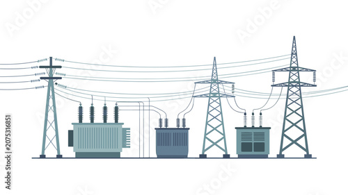 High voltage power transmission towers and transformers linked by cables for large scale power distribution and utility supply systems.