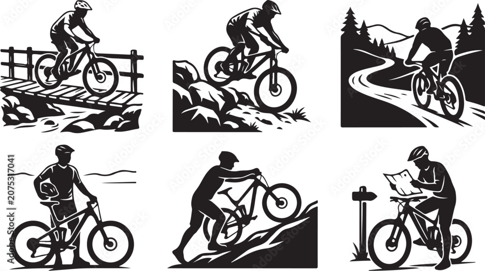 Obraz premium Mountain Biking, Cycling Icons, Bike Illustrations, Black Silhouette Graphics