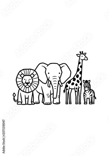 Cute cartoon safari animals line art