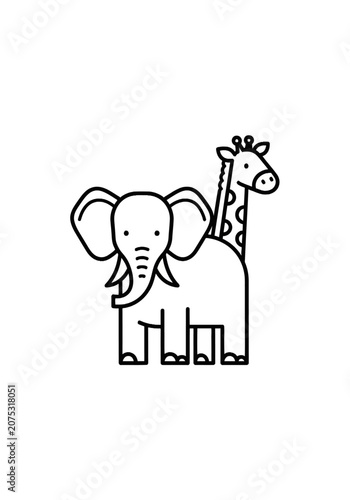 Cute cartoon elephant and giraffe line art