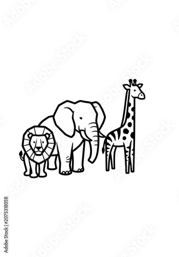 Cute line art safari animals: lion, elephant and giraffe