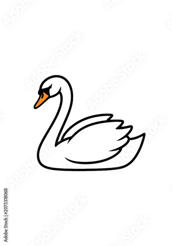 Stylized white swan with black outline and orange beak