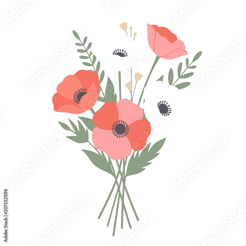 Pink and White Poppy Flower Bouquet Vector Illustration, Isolated Transparent Background for Wedding or Spring Design Projects