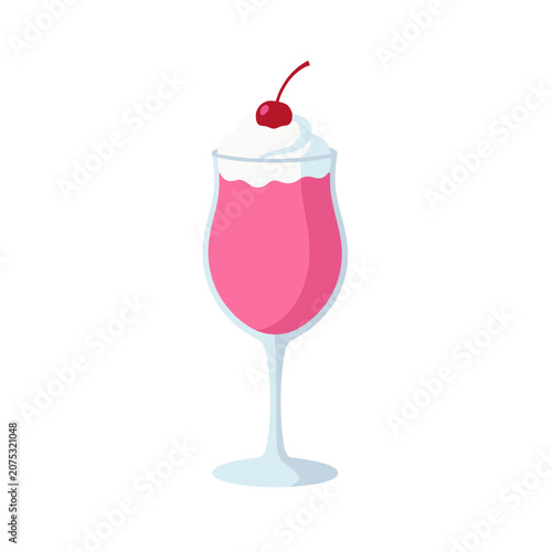 Pink Milkshake in Glass with Whipped Cream and Cherry, Isolated Vector Illustration for Food Beverage Menu or Dessert Branding