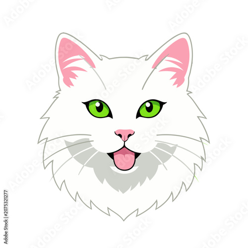 White Fluffy Cat Face Vector Illustration, Isolated Transparent Background with Green Eyes and Pink Tongue Sticking Out
