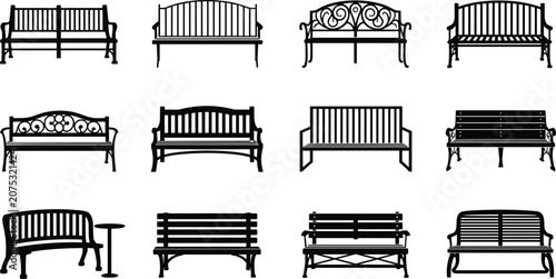 Bild auf Leinwand Vector collection of diverse bench silhouettes featuring ornate wrought iron, wo