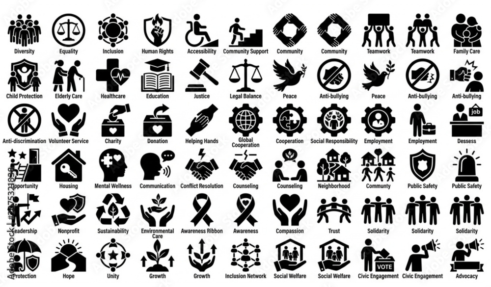 Obraz premium Social Issues Solid Vector Icon Pack with Equality Community Human Rights and Diversity Symbols