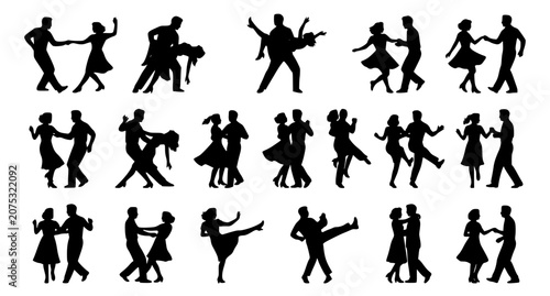 Фотография Vintage Swing Dance Couple Silhouettes Vector Set Black Retro Partner Dancing Co