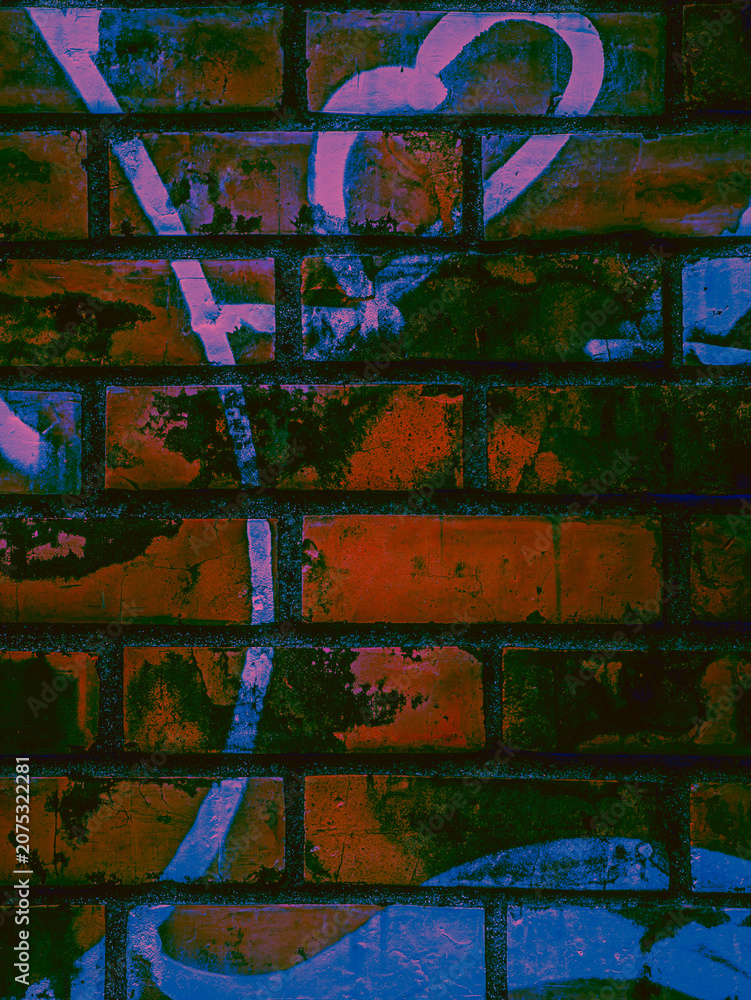 Fototapeta premium Psychedelic Dark Green Red Moody Exposed Brick Wall Wire Urban Decay Abstract Grunge Texture Background Industrial Atmospheric