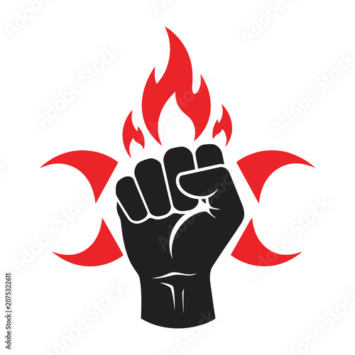 Fist with flames symbolizing protest or revolution
